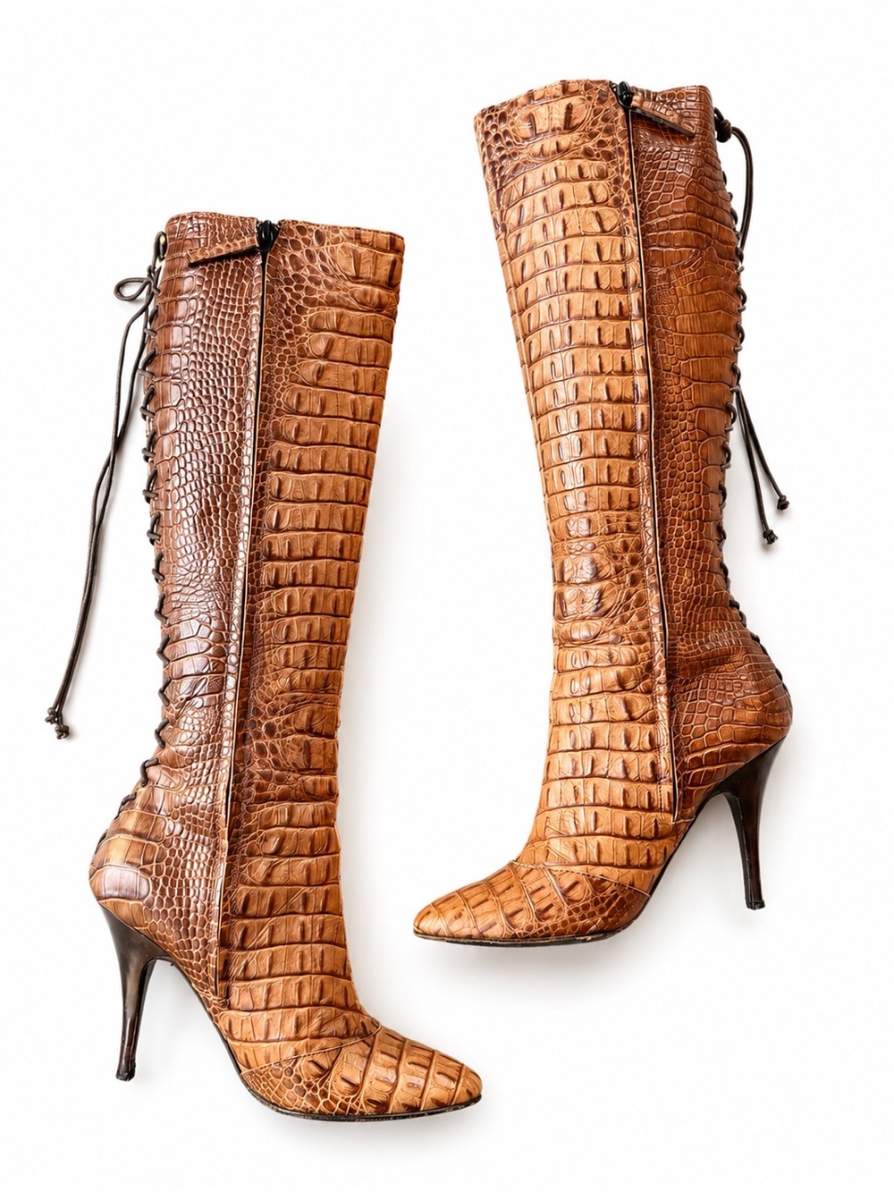 Giuseppe Zanotti Vintage Y2K Croc Embossed Lace Up Knee High Boots Womens EU 38 - Picture 2 of 9